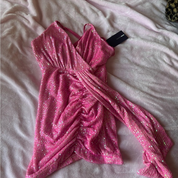 Neon Pink Sequin Mini Wrap Dress - Picture 3 of 4